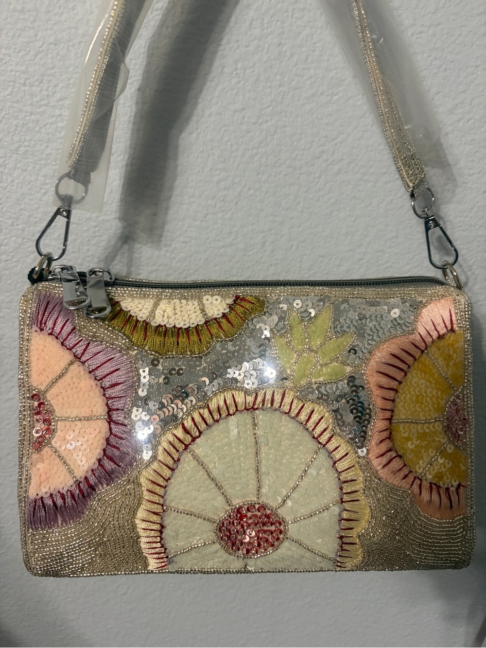 Sequin Embroidered Floral Clutch Shoulder Bag - Cream & Pastel new with tag